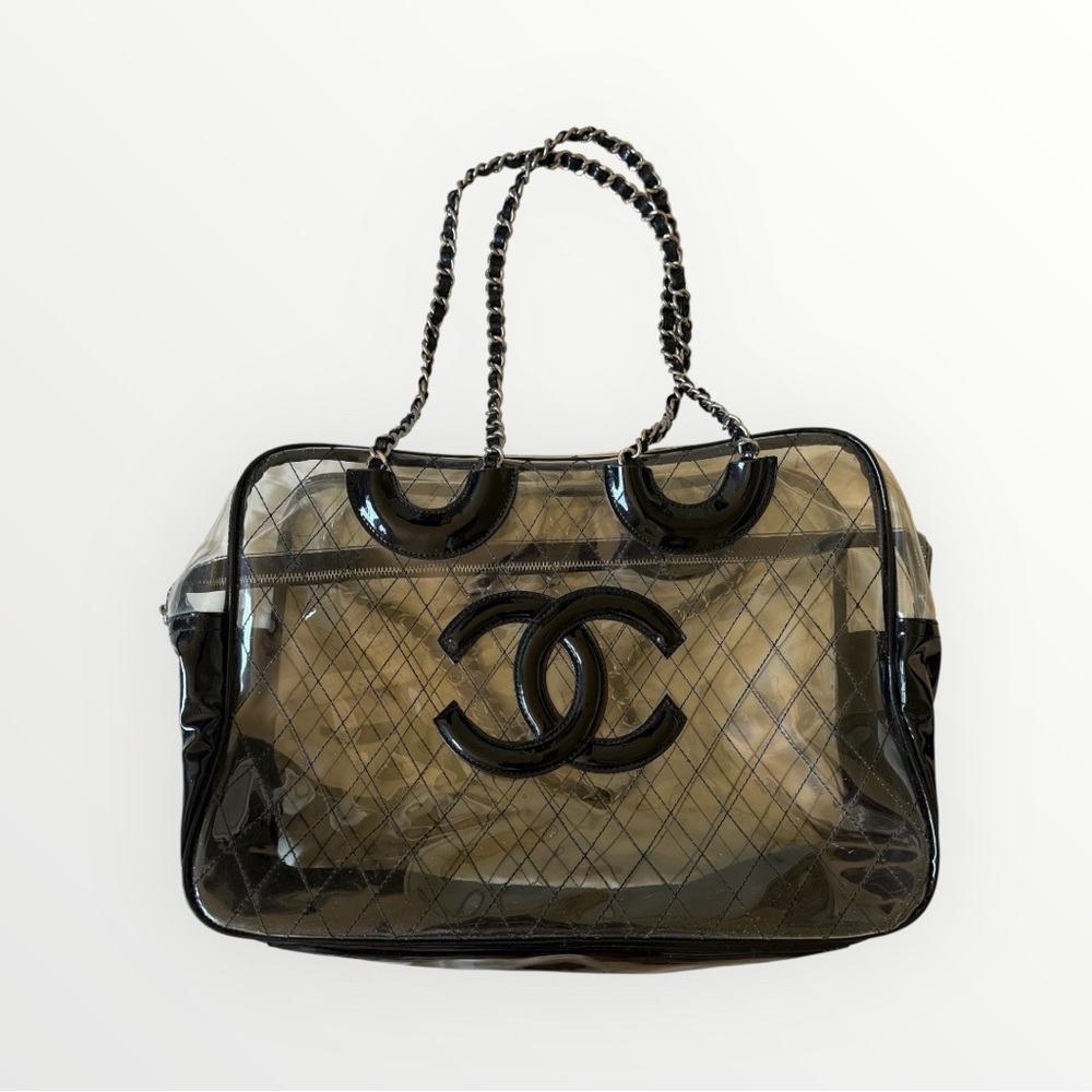 CHANEL Clear Tote with Black Patent CC Logo and Chain Strap - Picture 2 of 6
